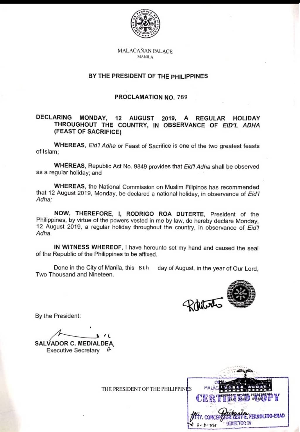 Presidential Proclamation 789 NCMF